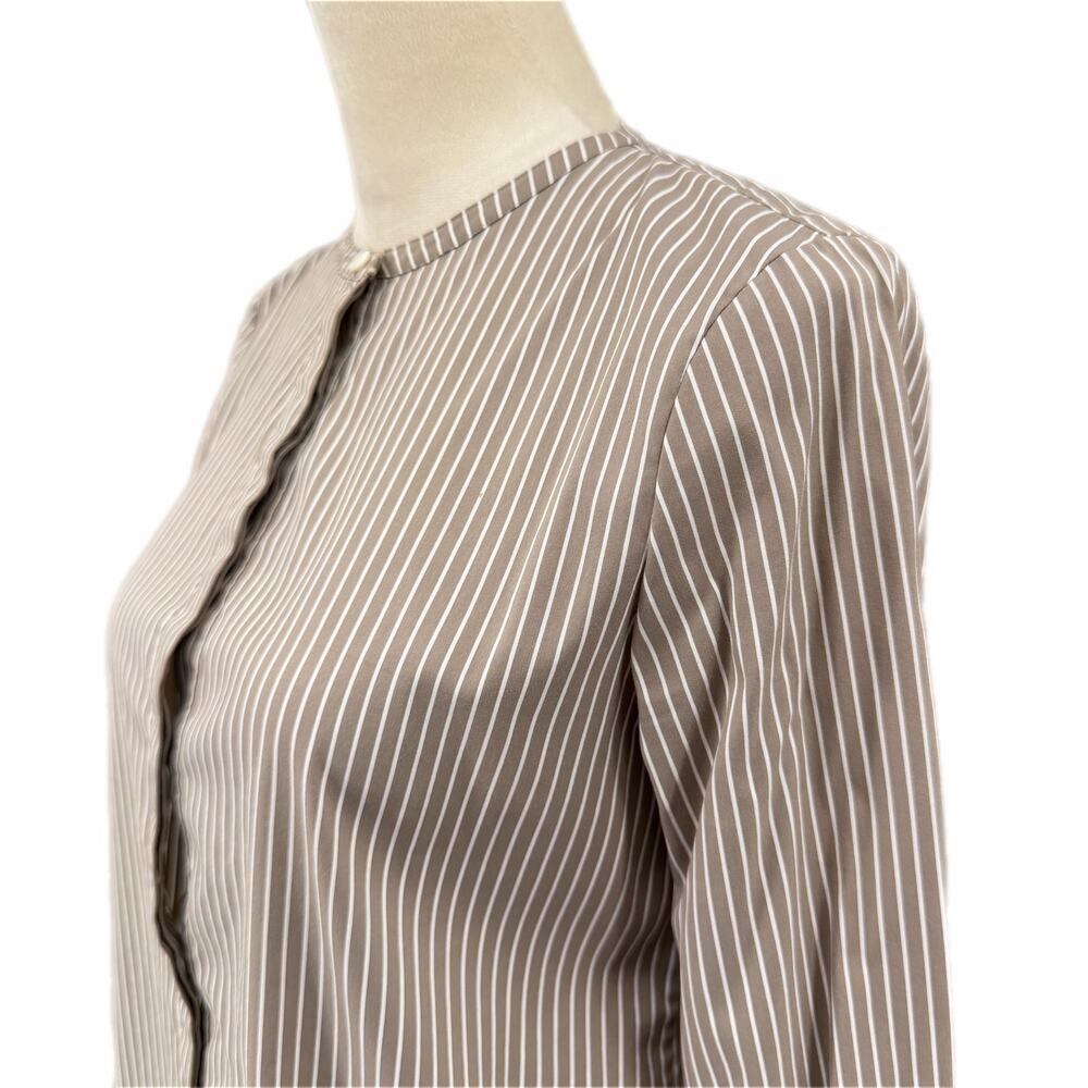 Theory Beige & White Vertical Striped Half Button Down Round Neck Cotton Blouse - Picture 5 of 12